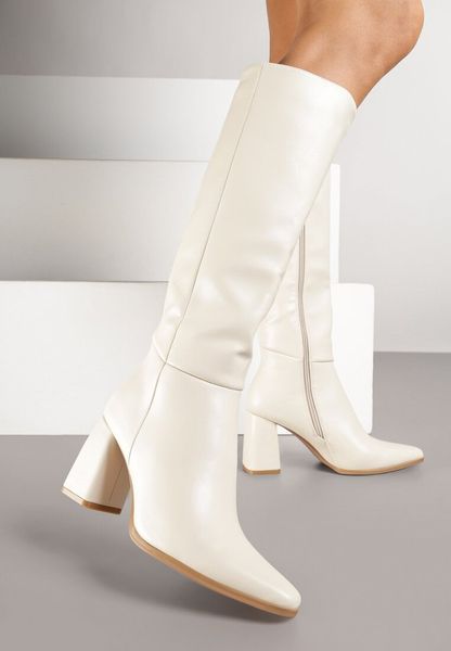 Beżowe Kozaki na Obcasie Typu Stożek w Klasycznym Stylu Lanile. Brązowe kozaki Renee, bez wzorów, eleganckie, bez obcasa, na obcasie, bez zapięcia. Za 169.99 zł.