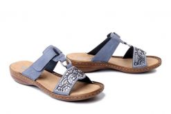 RIEKER 608K2-12 blue, klapki damskie. Niebieskie klapki Rieker, bez wzorów, bez obcasa, bez zapięcia. Za 299.90 zł.