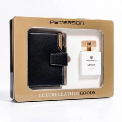 Zestaw prezentowy: skórzany portfel damski na zatrzask i woda perfumowana Velvet — Peterson. Portfele Peterson, bez wzorów, ze skóry ekologicznej. Za 159.99 zł.