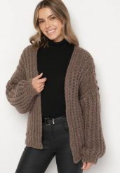 Brązowy Niezapinany Kardigan Oversize z Domieszką Wełny i Wiskozy Tianavia. Brązowe swetry Born2be, bez wzorów, z jeansu, bez ramiączek. Za 169.99 zł.
