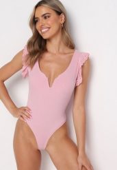 Różowe Body z Haftowanymi Falbankami Lviya. Czerwone body i gorsety Born2be, z aplikacjami, bez ramiączek. Za 99.99 zł.