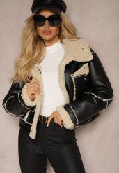 Czarna Kurtka Typu Biker o Krótkim Kroju z Kołnierzem i Kieszeniami Naonellea. Czarne kurtki Renee, l, bez wzorów, z jeansu, eleganckie, bez kaptura. W wyprzedaży za 174.99 zł.