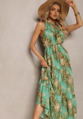 Zielona Sukienka w Stylu Boho z Gumką w Talii i Ozdobnym Wiązaniem Piofara. Zielone sukienki Renee, m, bez wzorów, z materiału, boho, bez kołnierzyka, bez ramiączek, maxi. W wyprzedaży za 75.99 zł.