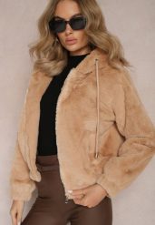 Ciemnobeżowa Futerkowa Kurtka Bluza z Kapturem Vortezi. Brązowe bluzy Renee, na zimę, l, bez wzorów, bez ramiączek, z kapturem. W wyprzedaży za 87.99 zł.