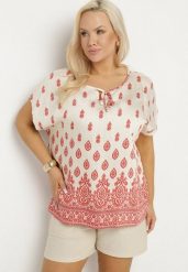 Biało-Czerwona Bluzka w Boho Wzór z Wiązaniem przy Dekolcie Jenalia. Czerwone bluzki Born2be, xl, bez wzorów, z jeansu, boho, bez kołnierzyka, bez ramiączek. Za 69.99 zł.