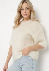 Jasnobeżowy Moherowy Sweter o Kroju Nietoperza z Rękawami 3/4 Eleanira. Brązowe swetry Born2be, na zimę, uniwersalny, z aplikacjami, z jeansu, eleganckie, bez ramiączek. W wyprzedaży za 229.49 zł.