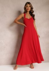 Czerwona Rozkloszowana Sukienka Koktajlowa Wiązana na Plecach Malori. Czerwone sukienki Renee, l, bez wzorów, eleganckie, bez kołnierzyka, bez ramiączek, maxi, rozkloszowane. W wyprzedaży za 91.99 zł.