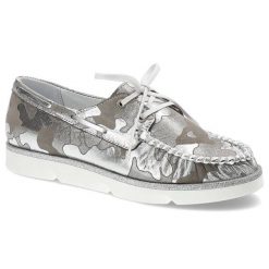 Mokasyny damskie Simen, wsuwane i ze skóry naturalnej, srebrne, 760-Moro-Srebro. Szare mokasyny Simen, bez wzorów, ze skóry. Za 209.00 zł.