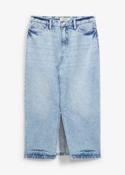 Spódnica dżinsowa midi. Niebieskie spódnice bonprix, na co dzień, bez wzorów, z denimu, midi. Za 124.99 zł.
