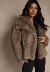 Jasnobrązowa Kurtka Futerko Ozdobione Cieniowanym Motywem Monideva. Brązowe kurtki Renee, na wiosnę, l, bez wzorów, z futra, eleganckie, bez kaptura. Za 239.99 zł.