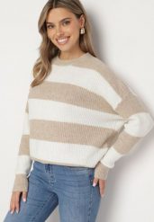 Beżowy Sweter w Pasy z Wełną Zakończony Ściągaczem Tiaelle. Brązowe swetry Born2be, bez wzorów, z wełny, klasyczne, bez ramiączek. W wyprzedaży za 110.49 zł.