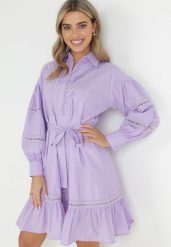Fioletowa Koszulowa Sukienka z Bufiastym Rękawem i Ażurowymi Wstawkami Staples. Fioletowe sukienki Born2be, l, w ażurowe wzory, vintage, bez kołnierzyka, bez ramiączek, mini, koszulowe. W wyprzedaży za 203.99 zł.