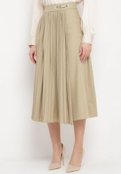 Beżowa Rozkloszowana Spódnica Midi Plisowana z Klamerką Faelannia. Brązowe spódnice Born2be, m, bez wzorów, eleganckie, maxi, rozkloszowane. W wyprzedaży za 144.49 zł.