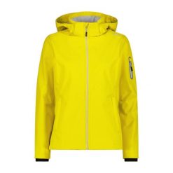 Damska kurtka turystyczna z kapturem CMP. Żółte kurtki przejściowe sportowe CMP, bez wzorów, z softshellu, z kapturem, trekkingowe. Za 356.00 zł.