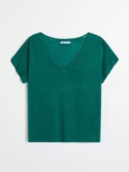 Bluzka z domieszką wiskozy - zielony. Zielone bluzki Sinsay, l, bez wzorów, z wiskozy, bez kołnierzyka, bez ramiączek. Za 39.99 zł.