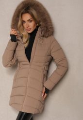 Ciemnobeżowa Pikowana Kurtka z Podszewką z Polarem i Kapturem z Futrzanym Obszyciem Eventina. Brązowe kurtki Renee, l, bez wzorów, z futra, eleganckie. W wyprzedaży za 232.49 zł.
