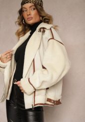 Jasnobeżowa Kurtka w Stylu Biker z Ozdobnymi Paskami i Futerkiem Typu Baranek Ninnesia. Brązowe kurtki Renee, uniwersalny, bez wzorów, z futra, eleganckie, bez kaptura. W wyprzedaży za 188.99 zł.