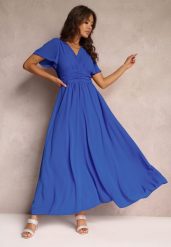 Niebieska Rozkloszowana Sukienka z Kopertowym Dekoltem Obillis. Niebieskie sukienki Renee, na imprezę, uniwersalny, bez wzorów, z jeansu, eleganckie, bez kołnierzyka, bez ramiączek, maxi, kopertowe. W wyprzedaży za 111.99 zł.