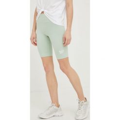 Reebok szorty treningowe Identity Logo damskie kolor zielony gładkie medium waist. Zielone szorty sportowe Reebok, bez wzorów, z bawełny. W wyprzedaży za 64.99 zł.