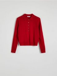 Sweter polo z guzikami - czerwony. Czerwone swetry Reserved, l, bez wzorów, z dzianiny, bez ramiączek. W wyprzedaży za 69.99 zł.