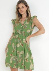 Zielona Rozkloszowana Sukienka z Wiskozy we Wzór Paisley Marinetta. Zielone sukienki Born2be, na imprezę, l, z aplikacjami, z wiskozy, bez kołnierzyka, bez ramiączek, mini, rozkloszowane. Za 89.99 zł.