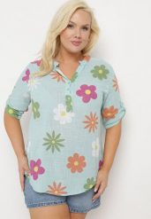 Miętowa Koszula z Lnu i Bawełny w Kwiaty z Krótkim Rękawem Ambubia. Zielone koszule Born2be, plus size, bez wzorów, z bawełny, bez kołnierzyka, plus size, bez ramiączek. Za 99.99 zł.