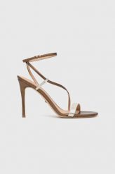 Guess sandały skórzane Kadera kolor złoty FL5KAD LEM03 PLATI. Żółte sandały Guess, z aplikacjami, z materiału, bez obcasa, na obcasie, bez zapięcia. Za 669.99 zł.