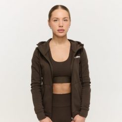 Bluza damska fitness z kapturem i zamkiem espresso Limitless. Brązowe bluzy z kapturem GYMBEAM, s, bez wzorów, z bawełny, z kapturem, na fitness i siłownię. Za 127.90 zł.