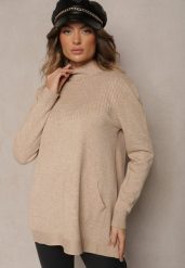 Jasnobeżowy Sweter Półgolf z Bawełną i Kieszenią z Przodu Emittes. Brązowe swetry Renee, l, bez wzorów, z bawełny, eleganckie, bez ramiączek. W wyprzedaży za 79.99 zł.