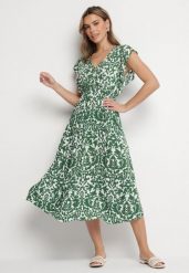 Zielona Bawełniana Sukienka Rozkloszowana z Falbankami w Ornamentalny Wzór Zaliette. Zielone sukienki Born2be, na co dzień, l, bez wzorów, z bawełny, eleganckie, bez kołnierzyka, bez ramiączek, midi, rozkloszowane. Za 69.99 zł.