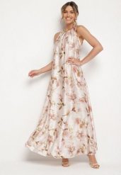 Beżowa Satynowa Sukienka w Kwiaty Fenaresia. Brązowe sukienki Born2be, na co dzień, bez wzorów, z satyny, eleganckie, bez kołnierzyka, bez ramiączek, proste. Za 159.99 zł.