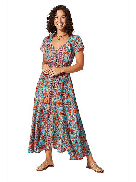 Aller Simplement Sukienka w kolorze turkusowo-pomarańczowym rozmiar: 38/40. Brązowe sukienki Aller Simplement, bez wzorów, z wiskozy, bez kołnierzyka, bez ramiączek, maxi. Za 83.42 zł.