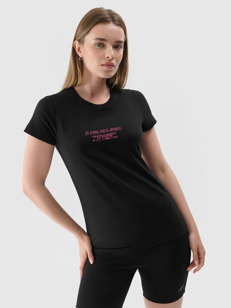 4F T-shirt slim z nadrukiem damski - czarny S. Czarne t-shirty 4f, s, bez wzorów, z dzianiny, klasyczne, bez kołnierzyka, bez ramiączek. Za 69.99 zł.