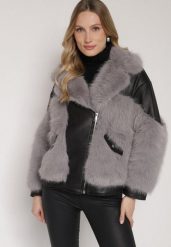 Szara Kurtka Ramoneska z Futrzanymi Wstawkami Seore. Szare kurtki Born2be, l, bez wzorów, z dzianiny, eleganckie, bez kaptura. Za 259.99 zł.