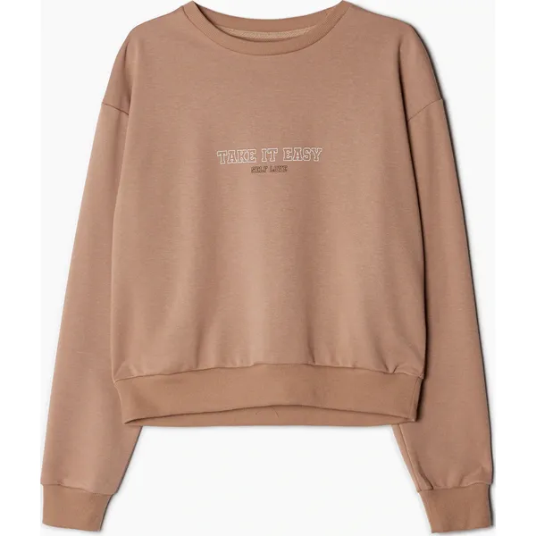 Beżowa bluza z napisem - Beżowy. Brązowe bluzy Cropp, l, bez wzorów, z bawełny, bez kaptura. Za 69.99 zł.
