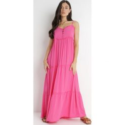 Fuksjowa Sukienka Cilaris. Czerwone sukienki Born2be, s, bez wzorów, z tkaniny, bez kołnierzyka, bez ramiączek, maxi, rozkloszowane. Za 119.99 zł.