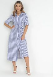 Niebieska Koszulowa Sukienka z Wiskozy w Paski Wiązana w Talii Nevia. Niebieskie sukienki Born2be, na spotkanie biznesowe, m, bez wzorów, z wiskozy, eleganckie, bez kołnierzyka, bez ramiączek, maxi, koszulowe. W wyprzedaży za 127.49 zł.
