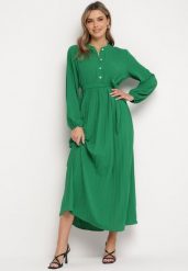 Zielona Rozkloszowana Sukienka Maxi z Plisowanym Dołem i Wiązanym Paskiem Nollira. Zielone sukienki Born2be, bez wzorów, eleganckie, bez kołnierzyka, bez ramiączek, maxi, plisowane. W wyprzedaży za 104.99 zł.