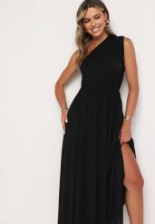 Czarna Plisowana Sukienka o Asymetrycznym Fasonie z Gumką w Talii Naeana. Czarne sukienki Born2be, na imprezę, bez wzorów, eleganckie, z asymetrycznym kołnierzem, bez ramiączek, maxi, asymetryczne. Za 159.99 zł.