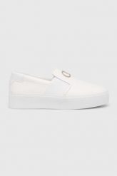 Calvin Klein sneakersy skórzane CUPSOLE FLATFORM SLIP ON W/HW kolor biały HW0HW01421. Białe buty sportowe lifestyle Calvin Klein, bez wzorów, z gumy, sportowe, z okrągłym noskiem, bez zapięcia. Za 579.99 zł.