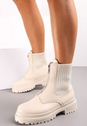 Jasnobeżowe Botki Workery z Suwakiem z Przodu i Dzianinową Cholewką Jakise. Brązowe botki Renee, bez wzorów, z dzianiny, bez obcasa, na płaskiej podeszwie, bez zapięcia. Za 104.99 zł.