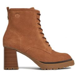 Botki Caprice. Brązowe botki Caprice, bez wzorów, bez obcasa, na słupku, bez zapięcia. Za 279.99 zł.