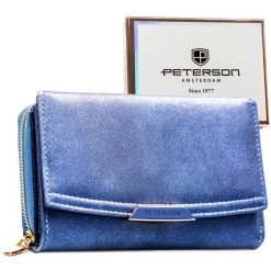 Granatowy portfel damski ze skóry ekologicznej wyposażony w system RFID - Peterson. Niebieskie portfele Peterson, bez wzorów, ze skóry ekologicznej. Za 94.99 zł.