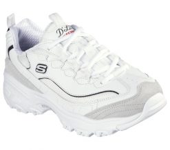 Buty do chodzenia damskie Skechers D'lites. Białe buty treningowe Skechers, bez wzorów, z gumy, bez zapięcia, trekkingowe. Za 299.99 zł.