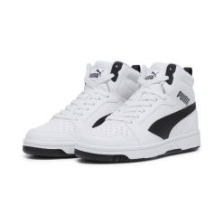 Buty damskie sportowe Puma REBOUND V6 MID JR. Białe buty treningowe Puma, bez wzorów, z gumy, bez zapięcia, do koszykówki. Za 229.90 zł.