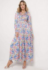 Niebieska Plisowana Sukienka z Gumką w Pasie Wykończona Guzikami Zaramarie. Niebieskie sukienki Born2be, l, bez wzorów, z jeansu, eleganckie, bez kołnierzyka, bez ramiączek, maxi. W wyprzedaży za 144.49 zł.