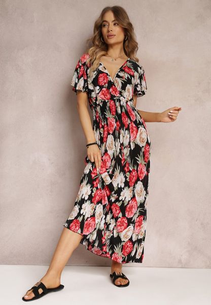 Czarno-Czerwona Kopertowa Sukienka Maxi w Kwiaty z Gumką w Talii Jazzly. Czerwone sukienki Renee, l, bez wzorów, bez kołnierzyka, bez ramiączek, maxi, kopertowe. Za 69.99 zł.