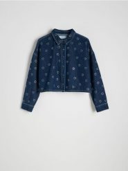 Kurtka jeansowa z aplikacjami - granatowy. Niebieskie kurtki Reserved, l, z aplikacjami, z denimu, bez kaptura. Za 149.99 zł.