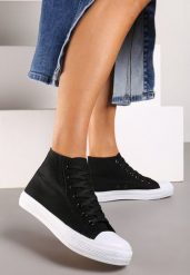 Czarne Trampki z Wysoką Cholewką i Sznurowaniami Relagia. Czarne trampki Renee, bez wzorów, z jeansu, eleganckie, przed kolano, bez zapięcia. W wyprzedaży za 19.99 zł.