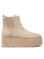 Guess Botki Jilaine FLFJIL FAL10 Beżowy. Brązowe botki Guess, z aplikacjami, ze skóry, bez obcasa, na koturnie, bez zapięcia. Za 449.99 zł.
